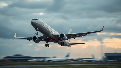 Obraz premium An airplane taking off into a dramatic sky from an airport runway.