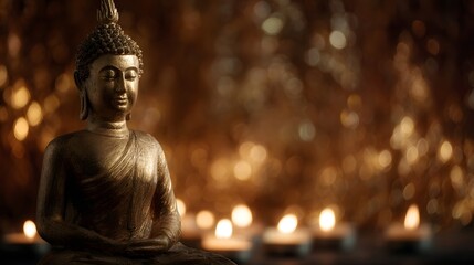 Fototapeta premium A golden Buddha statue is meditating in front of soft warm candle lights with a blurred bokeh background