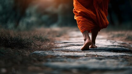 A monk walks barefoot on a stone path bathed in warm morning light conveying a sense of peace and spiritual journey