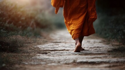 A monk in an orange robe walks barefoot on a stone path in warm morning light