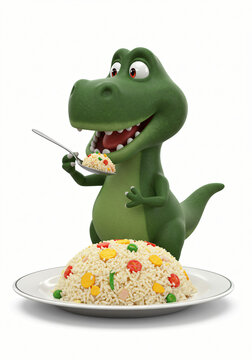 Naklejki Humorous 3D illustration of a prehistoric triceratops character enjoying a modern fast food snack of potato fries