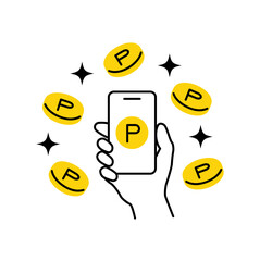 スマホ決済でポイントが貯まるのイメージ。ポイントコインとスマホのカットイラスト