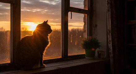 Silhouette of a cat sitting on a window sill during a beautiful sunset