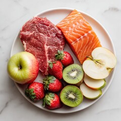 Balanced Plate Displaying Red Meat Salmon Apple Strawberry and Kiwi Fruit Viewed from Above on Marble Backdrop