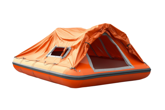 Inflatable survival raft with protective shelter isolated on transparent background