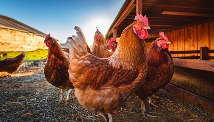 hens in a rustic chicken coop at a farm showcasing a tranquil morning with vibrant feathers and attentive expressions