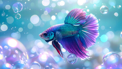 Vibrant Betta in Aquatic Paradise: A beautifully illustrated betta fish, swims through a surreal underwater landscape, its colorful fins and scales gleaming with an ethereal beauty.