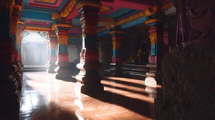 Ornate colorful temple interior with dramatic sunlight casting shadows on pillars