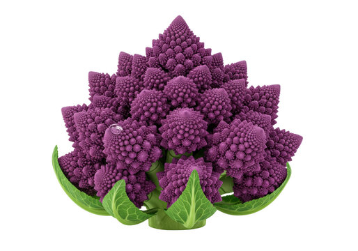 Isolated fresh vibrant purple Romanesco broccoli with unique fractal florets and green leaves healthy raw vegetable food ingredient - Powered by Adobe