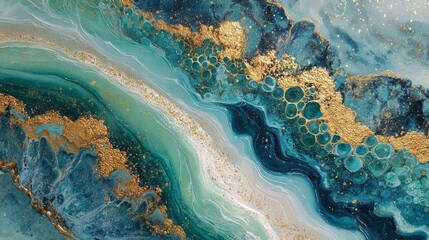Swirling abstract design in teal blue with gold