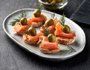 gourmet appetizers with smoked salmon olives and herbs