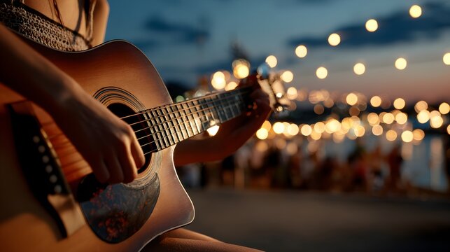 A woman plays acoustic guitar on the beach at twilight with illuminated st lights in the background.
