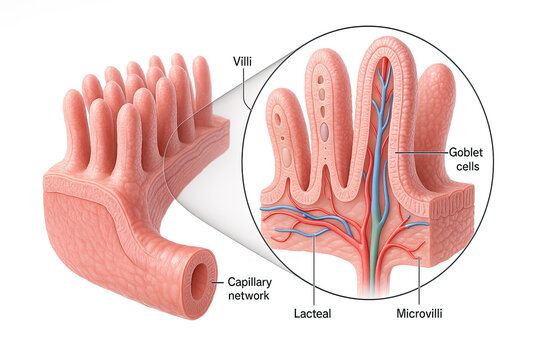 Detailed illustration of villi and microvilli in the small intestine, showcasing capillary network, lacteal, and goblet cells.