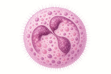 Obraz premium Detailed illustration of a neutrophil white blood cell showing its lobed nucleus and granular cytoplasm with a white background.