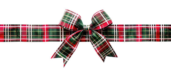 Classic tartan-style Christmas ribbon with a large festive bow in red, green, white, and gold plaid design, isolated on white.