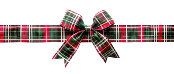 Classic tartan-style Christmas ribbon with a large festive bow in red, green, white, and gold plaid design, isolated on white.