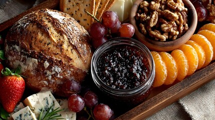 An artisan bread sits among gourmet cheese, fruit, crackers, and nuts on a charcuterie serving board arrangement.