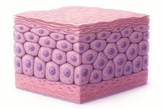 Microscopic view of stratified squamous epithelium, showing multiple layers of cells with nuclei, typical of skin or mucous membranes.