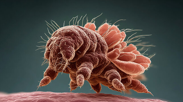 Sarcoptes scabiei, microscopic mite, causes scabies. Infestation affects skin, leading to itching, rashes. Mite burrows into skin, laying eggs.