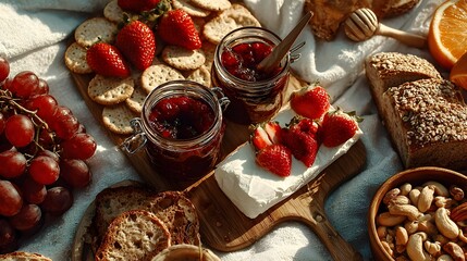 A bright and colorful picnic setting showcases delicious fruits, cheeses, and jams on a cozy blanket spread.