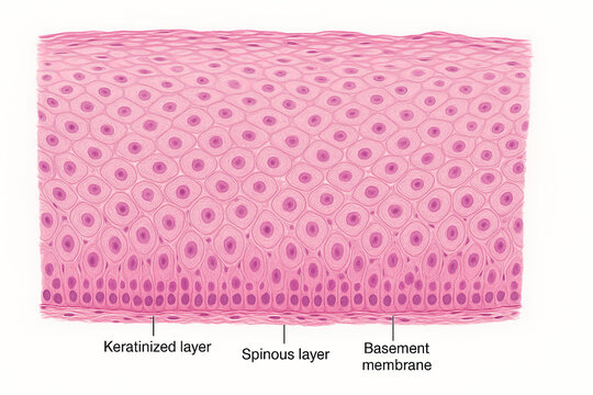 Microscopic view of human epidermis layers: Basal, spinous, and keratinized layers with cells and nuclei.