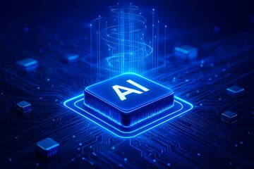 Futuristic ai processor chip glowing with blue light representing artificial intelligence and advanced technology