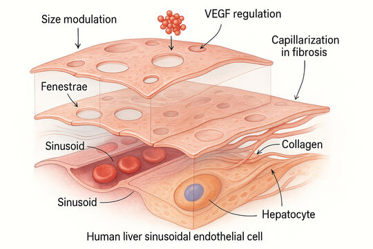 Illustration of a Human Liver Sinusoidal Endothelial Cell and its Associated Structures, showing Fenestrae, Sinusoids, Hepatocytes, Collagen, and regulatory factors like VEGF.