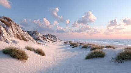 Desert Dune Landscape with Fluffy Clouds at Sunset in Soft Pastel Tones Under Dramatic Sky