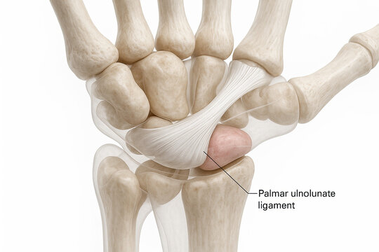 Anatomical illustration of the wrist joint showing the palmar ulnolunate ligament connecting the ulna and lunate bones