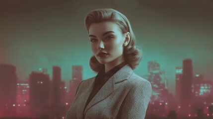 Head-and-shoulders portrait of woman in structured suit with soft glowing gradient lighting