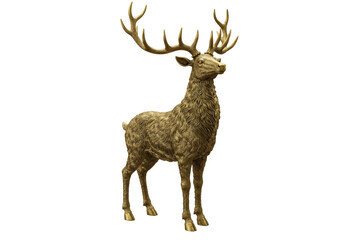 Isolated deer statue with large antlers, a decorative golden sculpture, metal figure