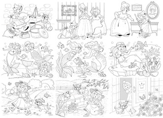Three fairy tales. Cinderella. Mermaid. The Frog Prince. Set of cute and funny illustrations. Coloring page