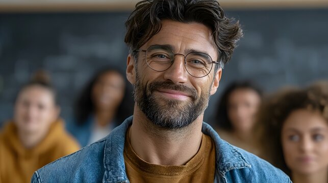 Smiling male teacher wea glasses stands in front of diverse students in a classroom setting today.