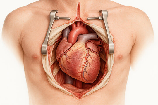 Anatomical illustration of a human heart exposed during open-chest surgery, with surgical retractors holding the chest open. The detailed depiction shows the heart, major blood vessels, and surroundin