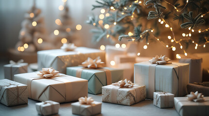 Beautifully Wrapped Christmas Presents Stacked in a Softly Lit Festive Scene