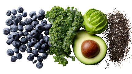 Assortment of healthy superfoods including blueberries kale avocado and flax seeds isolated on transparent background