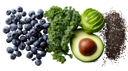 Assortment of healthy superfoods including blueberries kale avocado and flax seeds isolated on transparent background