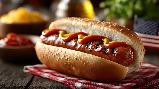 A grilled hot dog topped with ketchup and mustard sits on a checkered cloth with American flag behind it.