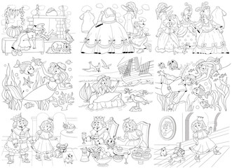Three fairy tales. Cinderella. Mermaid. The Frog Prince. Set of cute and funny illustrations. Coloring page