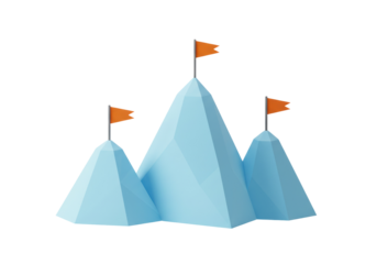 Isolated three blue geometric mountains with orange flags on peaks representing business success achievement challenge leadership and goal setting