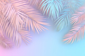 The background features soft pink and blue tones, with palm leaves arranged in the foreground, making it perfect for summer-themed designs, decorations, and backgrounds.