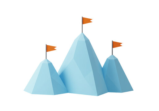 Isolated three blue geometric mountains with orange flags on peaks representing business success achievement challenge leadership and goal setting