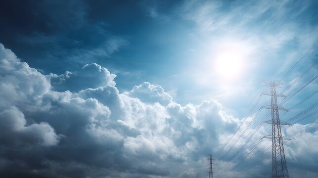 Bright sunburst illuminates towering electric power pylons and transmission lines against a dramatic sky