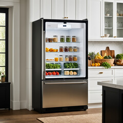 Smart fridge displaying recipes, kitchen scene, fresh groceries inside