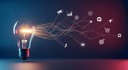 Creative light bulb with data stream and business icons on dark background