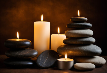 Spa scene with stacked stones and lit candles