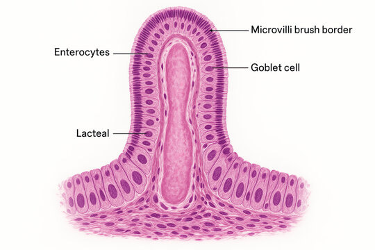 Anatomical illustration of an intestinal villus, highlighting enterocytes, goblet cells, a lacteal, and microvilli brush border.