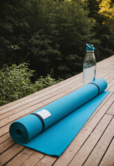Photo Yoga mat and water bottle on wooden deck in nature