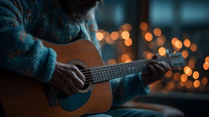 An elderly man with a beard is playing an acoustic guitar with bokeh lights behind him indoors at night.