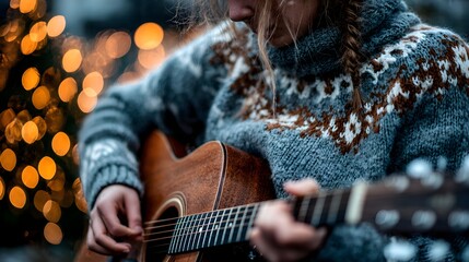 A young woman in a warm sweater is playing a wooden acoustic guitar with blurred Christmas lights outdoors.